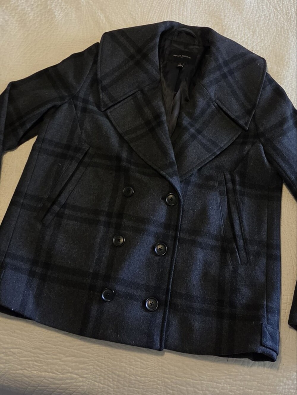 Banana Republic Double-Breasted Plaid Wool Coat, Size Medium